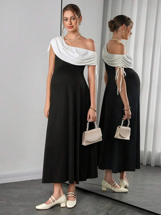 Maternity Colorblock A-Line Dress - Asymmetrical Neck, Cloak Sleeve, Ruched, Midi, Black and White