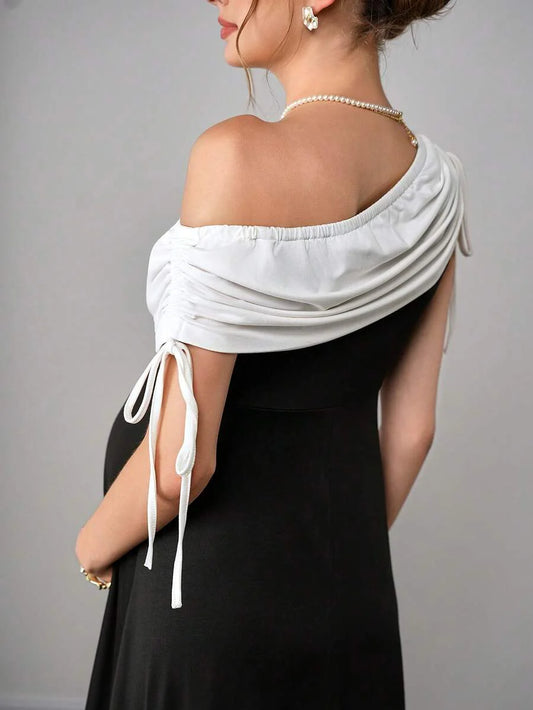 Maternity Colorblock A-Line Dress - Asymmetrical Neck, Cloak Sleeve, Ruched, Midi, Black and White