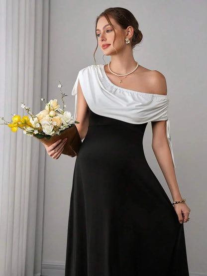Maternity Colorblock A-Line Dress - Asymmetrical Neck, Cloak Sleeve, Ruched, Midi, Black and White