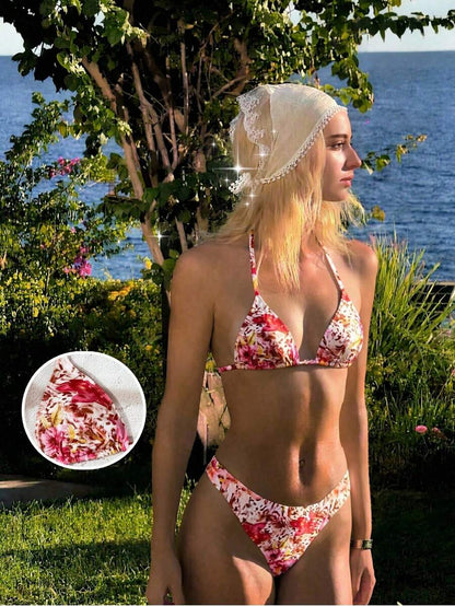 Swim Vcay 2026 Spring/Summer Women's Spaghetti Strap Halter Neck Black Base White Polka Dot Random Print Sweet Cute Side High Cut Bikini Swimwear 2-Piece Set Vacation Bikini Set Pink Bikini Set High Leg Bikini Set Modest Bikini Set Bikini Set