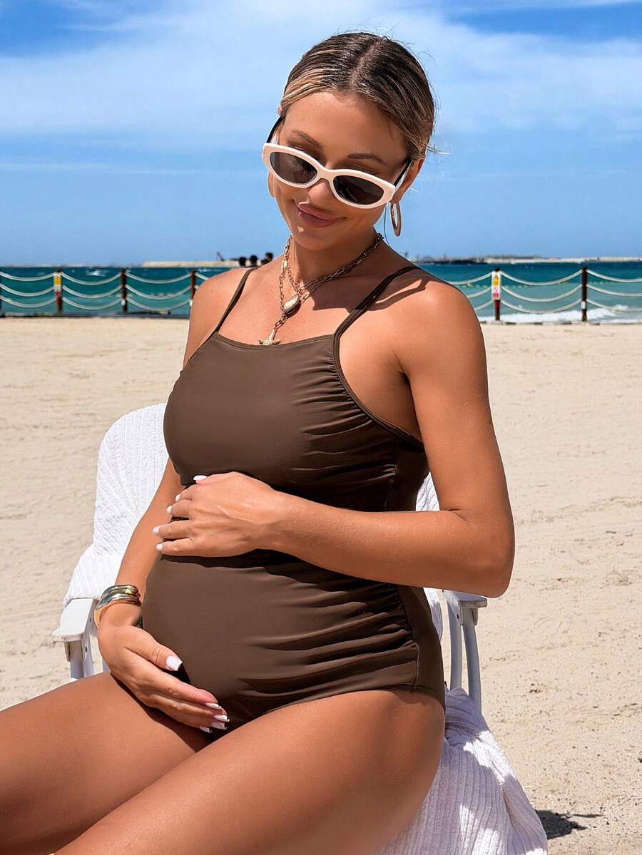 Brown Spaghetti Strap Maternity One-Piece Swimsuit with Contrast Mesh Detail - High Stretch Sleeveless Beach Vacation Swimwear