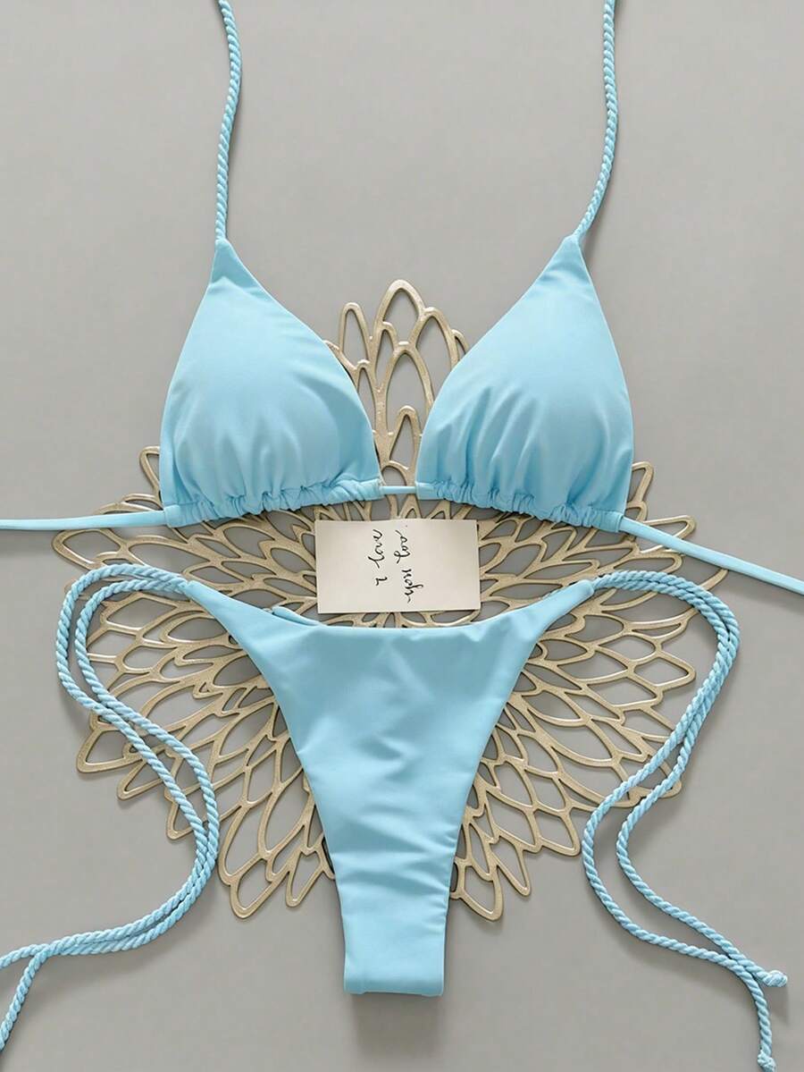 Swim Vcay 2pcs Women Apricot Bikini Swimwear Set, Handmade Rope Decor Swimwear Bikini Sets For Women Rouche Bathing Suit Bikini Alt