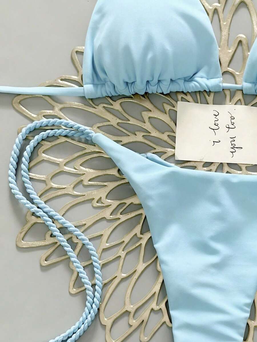 Swim Vcay 2pcs Women Apricot Bikini Swimwear Set, Handmade Rope Decor Swimwear Bikini Sets For Women Rouche Bathing Suit Bikini Alt