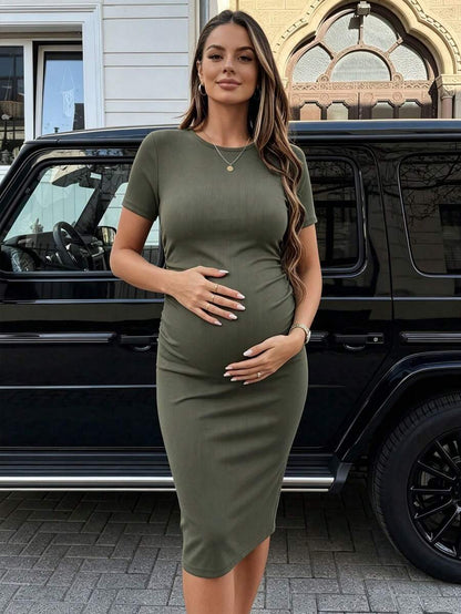 Maternity Short Sleeve Crew Neck Ruched Bodycon Dress Slim Fit Knee Length Solid Color Casual Streetwear Maternity T-Shirt Dress