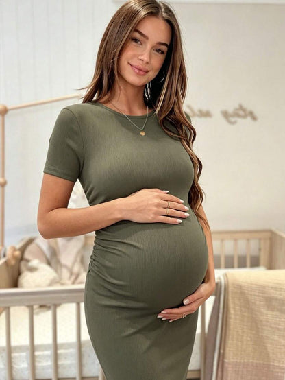 Maternity Short Sleeve Round Neck Bodycon Dress Slim Fit Ruched Knee Length Pencil Dress for Casual Street Style