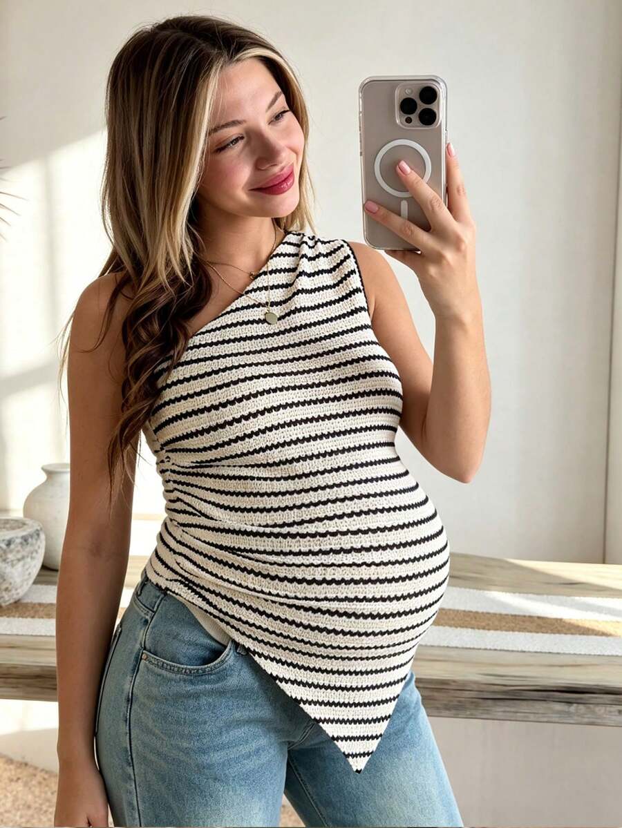 Maternity Striped Asymmetric Hem Sleeveless Tank Top in Coffee Brown Quilted Knit Slim Fit Longline Casual Maternity Shirt