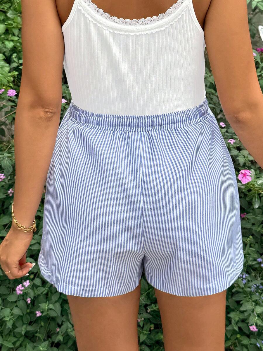 Maternity 2-Piece Set: Blue & White Striped Drawstring Shorts and Lace Trim Bow Decor Camisole Top – Casual Beach Summer Outfit
