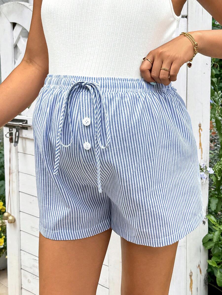 Maternity 2-Piece Set: Blue & White Striped Drawstring Shorts and Lace Trim Bow Decor Camisole Top – Casual Beach Summer Outfit