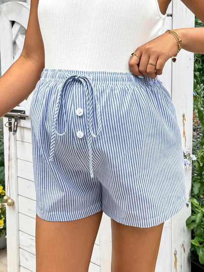 Maternity 2-Piece Set: Blue & White Striped Drawstring Shorts and Lace Trim Bow Decor Camisole Top – Casual Beach Summer Outfit