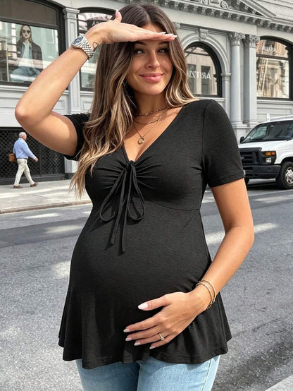 Maternity V-Neck Long Sleeve T-Shirt - Slim Fit Ruched Ruffle Hem Knitted Casual Top for Beach and Daily Wear