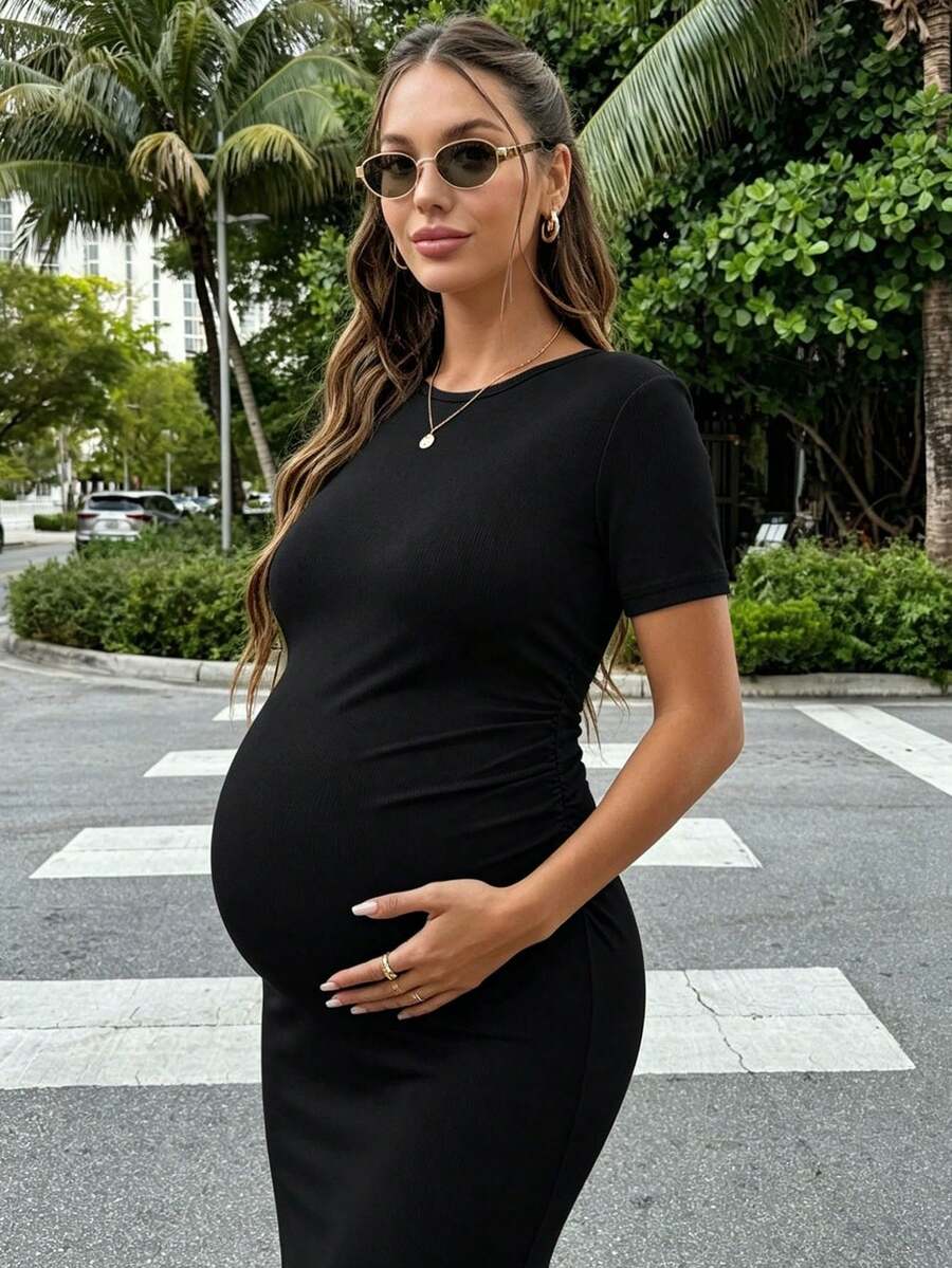 Maternity Short Sleeve Crew Neck Ruched Bodycon Dress Slim Fit Knee Length Solid Color Casual Streetwear Maternity T-Shirt Dress