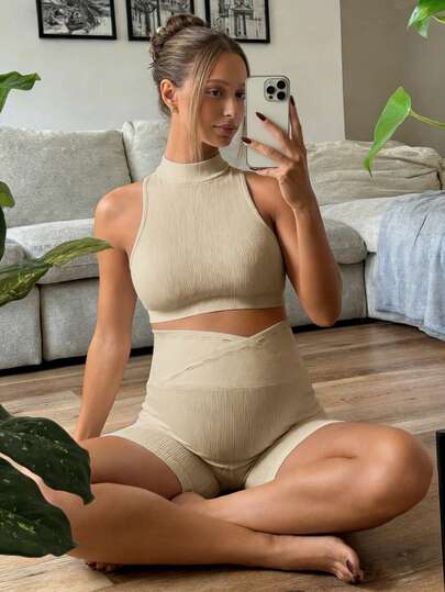 Khaki Maternity Solid Color Sports Suit - High Stretch Stand Collar Sleeveless Micro Crop Top and High Waist Shorts Set - Slim Fit Casual Two-Piece Set