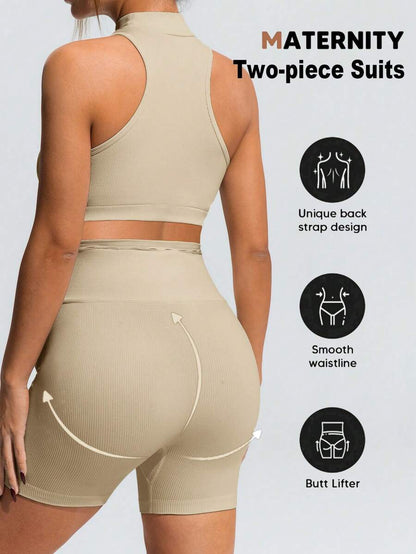 Khaki Maternity Solid Color Sports Suit - High Stretch Stand Collar Sleeveless Micro Crop Top and High Waist Shorts Set - Slim Fit Casual Two-Piece Set