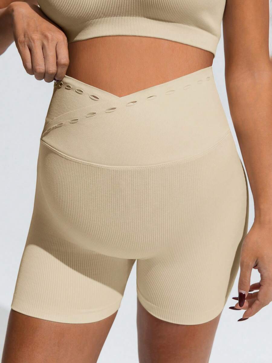 Khaki Maternity Solid Color Sports Suit - High Stretch Stand Collar Sleeveless Micro Crop Top and High Waist Shorts Set - Slim Fit Casual Two-Piece Set