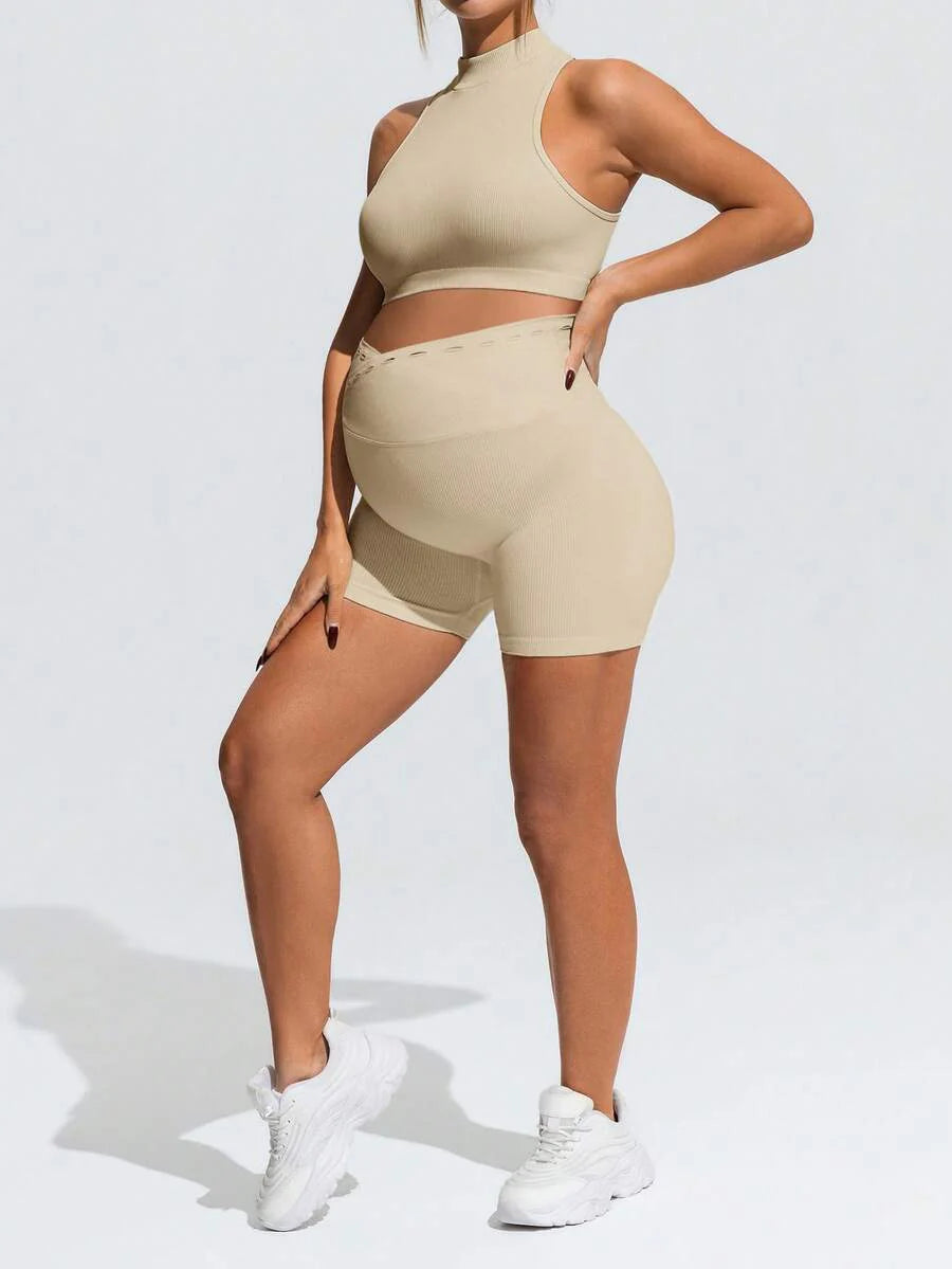 Khaki Maternity Solid Color Sports Suit - High Stretch Stand Collar Sleeveless Micro Crop Top and High Waist Shorts Set - Slim Fit Casual Two-Piece Set