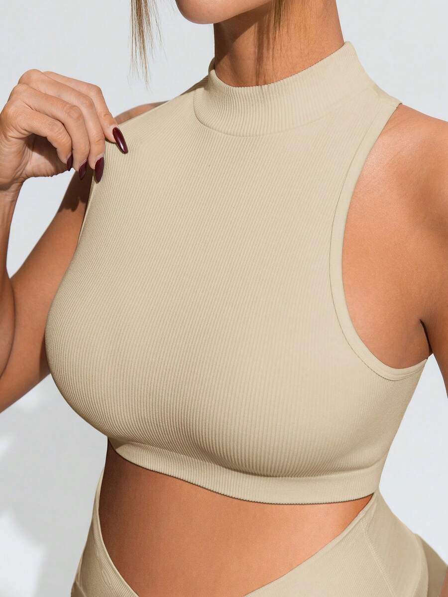 Khaki Maternity Solid Color Sports Suit - High Stretch Stand Collar Sleeveless Micro Crop Top and High Waist Shorts Set - Slim Fit Casual Two-Piece Set
