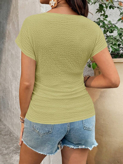 White Tropical Print Batwing Sleeve Slim Fit Knit Top - Casual Round Neck Cap Sleeve Summer Vacation Shirt for Women