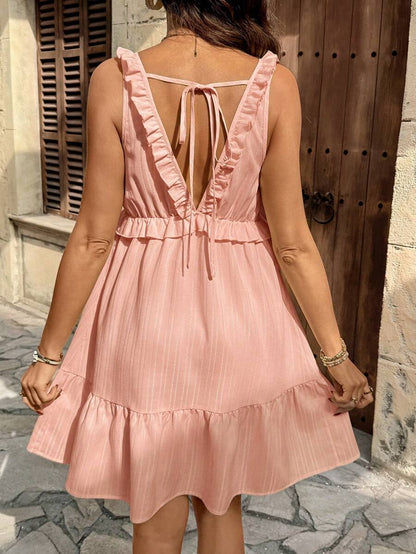 Maternity Light Yellow Deep V Neck Puff Sleeve Ruffle Trim A Line Short Dress for Beach and Summer Vacation