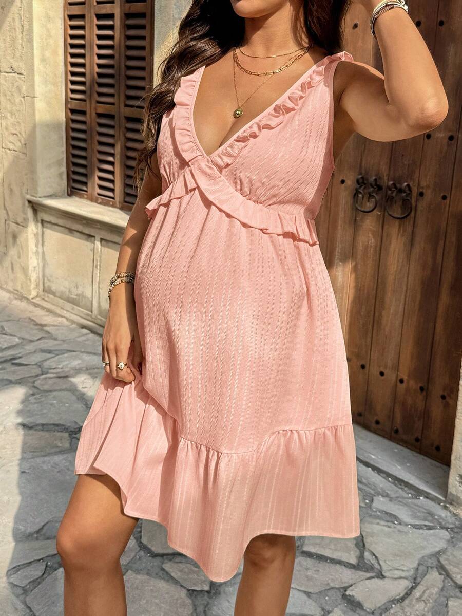 Maternity Light Yellow Deep V Neck Puff Sleeve Ruffle Trim A Line Short Dress for Beach and Summer Vacation