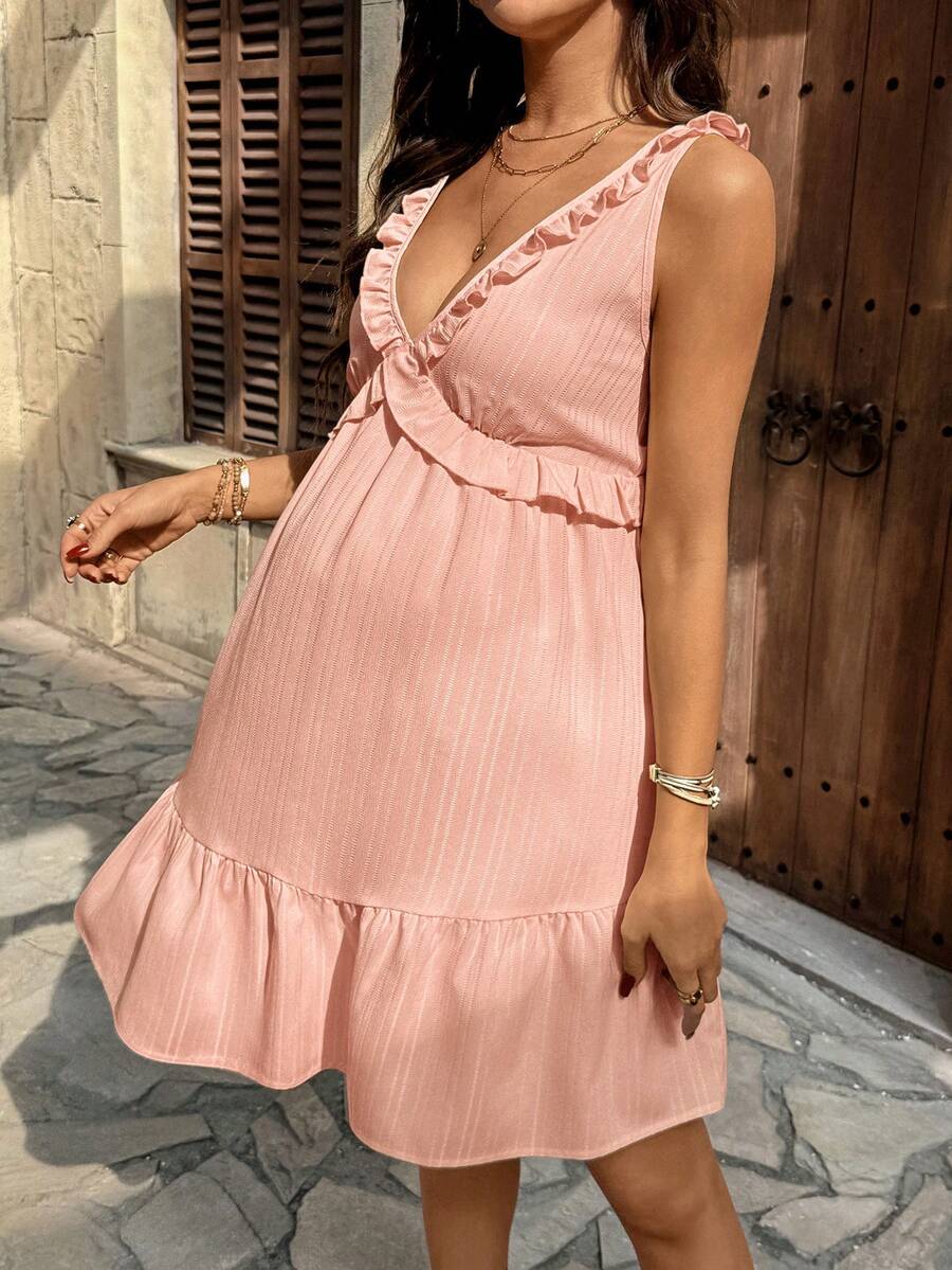 Maternity Light Yellow Deep V Neck Puff Sleeve Ruffle Trim A Line Short Dress for Beach and Summer Vacation