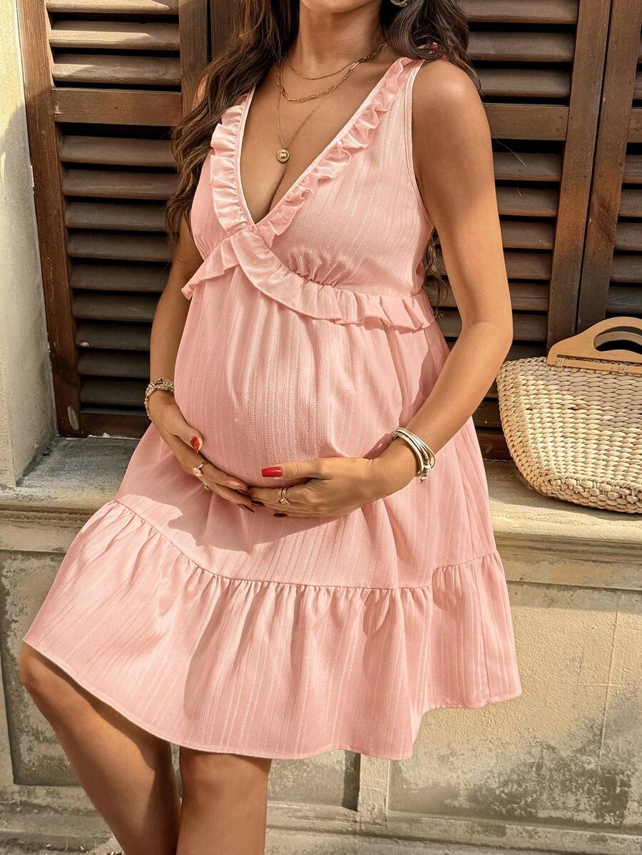 Maternity Light Yellow Deep V Neck Puff Sleeve Ruffle Trim A Line Short Dress for Beach and Summer Vacation