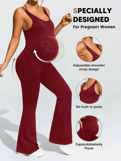 Baby Blue Maternity High Stretch Flared Jumpsuit - Backless Scoop Neck Sleeveless Skinny Fit One Piece - Adjustable Strap Maternity Activewear