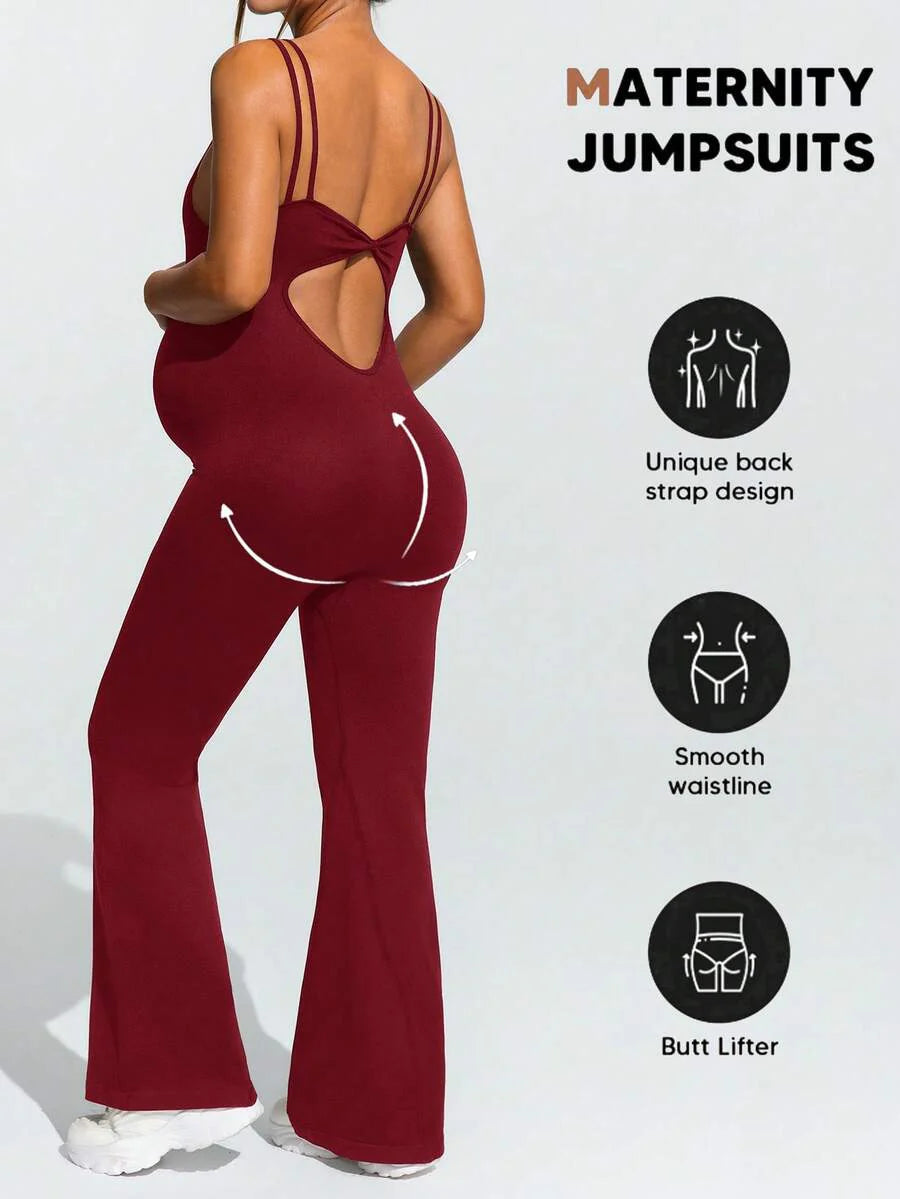 Baby Blue Maternity High Stretch Flared Jumpsuit - Backless Scoop Neck Sleeveless Skinny Fit One Piece - Adjustable Strap Maternity Activewear
