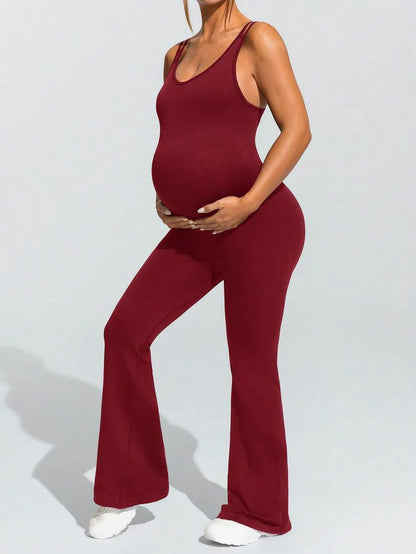 Baby Blue Maternity High Stretch Flared Jumpsuit - Backless Scoop Neck Sleeveless Skinny Fit One Piece - Adjustable Strap Maternity Activewear