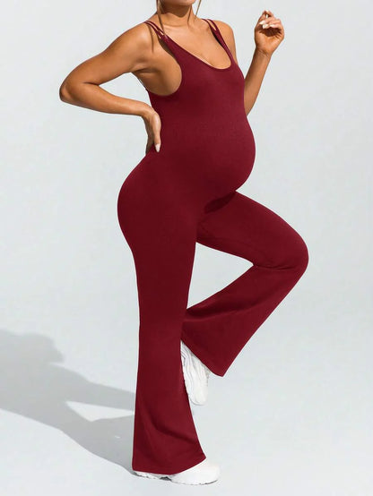Baby Blue Maternity High Stretch Flared Jumpsuit - Backless Scoop Neck Sleeveless Skinny Fit One Piece - Adjustable Strap Maternity Activewear