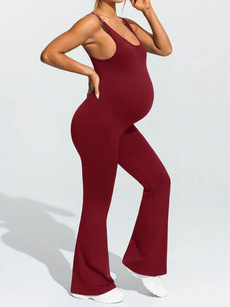 Baby Blue Maternity High Stretch Flared Jumpsuit - Backless Scoop Neck Sleeveless Skinny Fit One Piece - Adjustable Strap Maternity Activewear