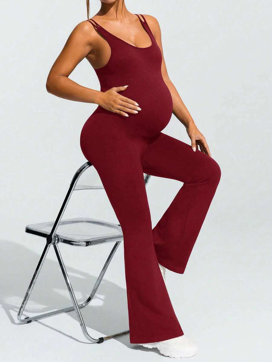 Baby Blue Maternity High Stretch Flared Jumpsuit - Backless Scoop Neck Sleeveless Skinny Fit One Piece - Adjustable Strap Maternity Activewear