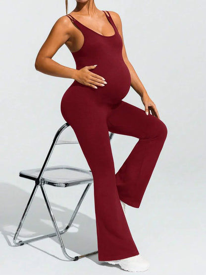 Baby Blue Maternity High Stretch Flared Jumpsuit - Backless Scoop Neck Sleeveless Skinny Fit One Piece - Adjustable Strap Maternity Activewear