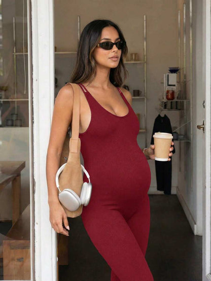 Baby Blue Maternity High Stretch Flared Jumpsuit - Backless Scoop Neck Sleeveless Skinny Fit One Piece - Adjustable Strap Maternity Activewear