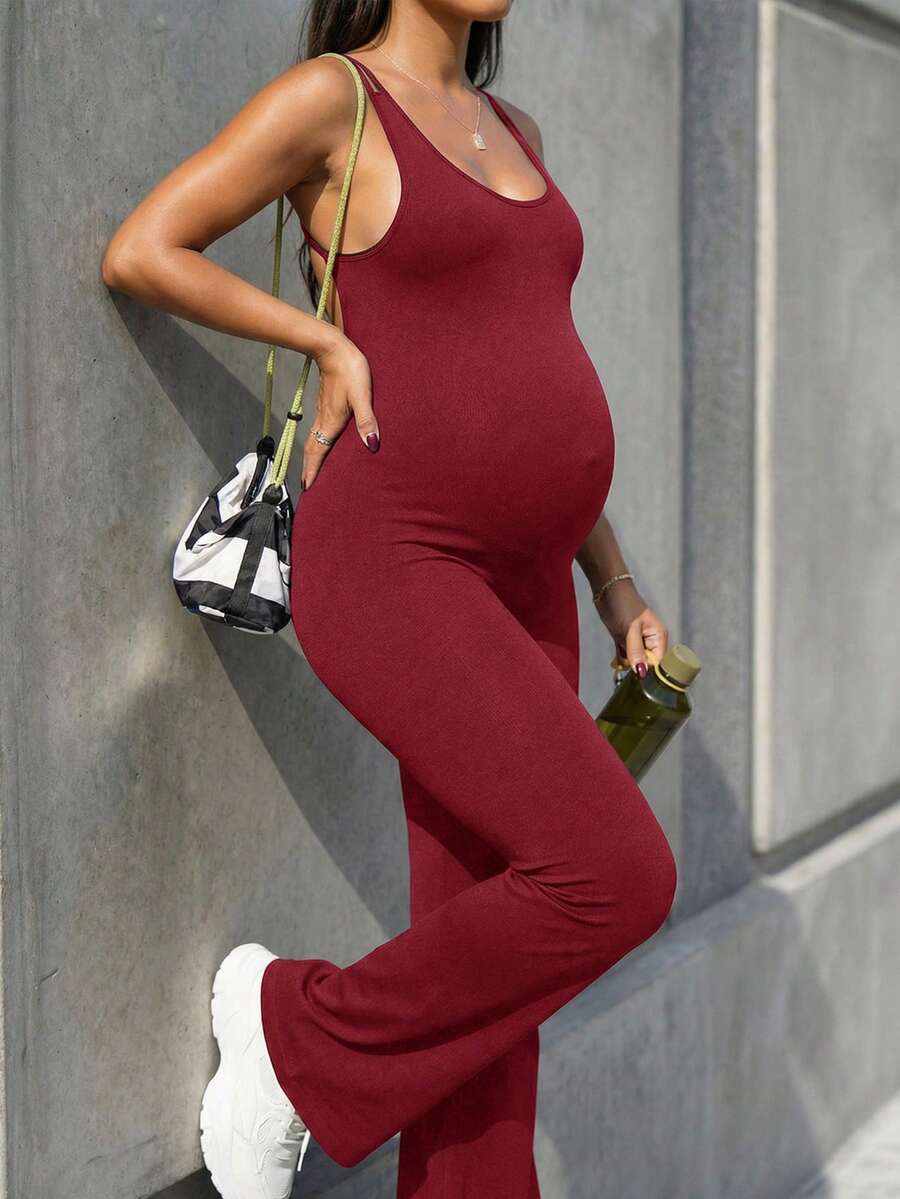 Baby Blue Maternity High Stretch Flared Jumpsuit - Backless Scoop Neck Sleeveless Skinny Fit One Piece - Adjustable Strap Maternity Activewear