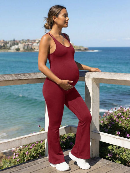 Baby Blue Maternity High Stretch Flared Jumpsuit - Backless Scoop Neck Sleeveless Skinny Fit One Piece - Adjustable Strap Maternity Activewear