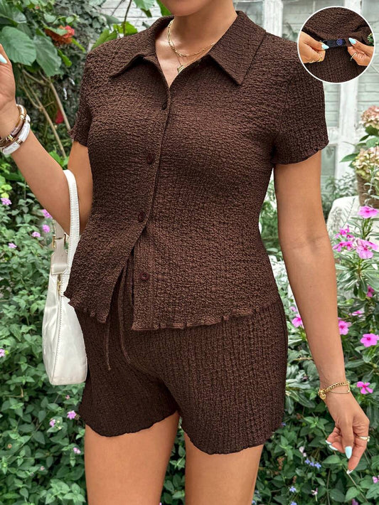 Brown 2-Piece Maternity Nursing Set - Short Sleeve Button-Up Shirt and Adjustable Waist Shorts - Slim Fit Casual Vacation Loungewear