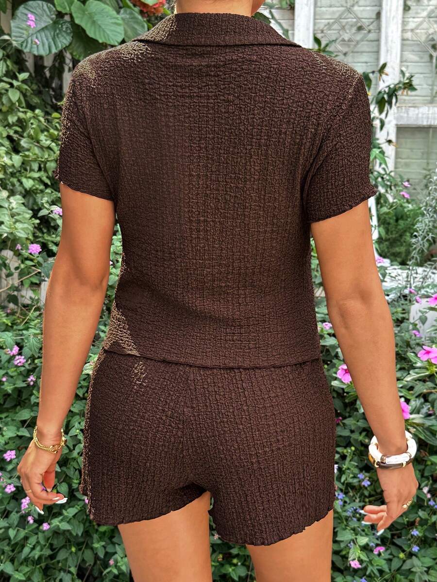 Brown 2-Piece Maternity Nursing Set - Short Sleeve Button-Up Shirt and Adjustable Waist Shorts - Slim Fit Casual Vacation Loungewear