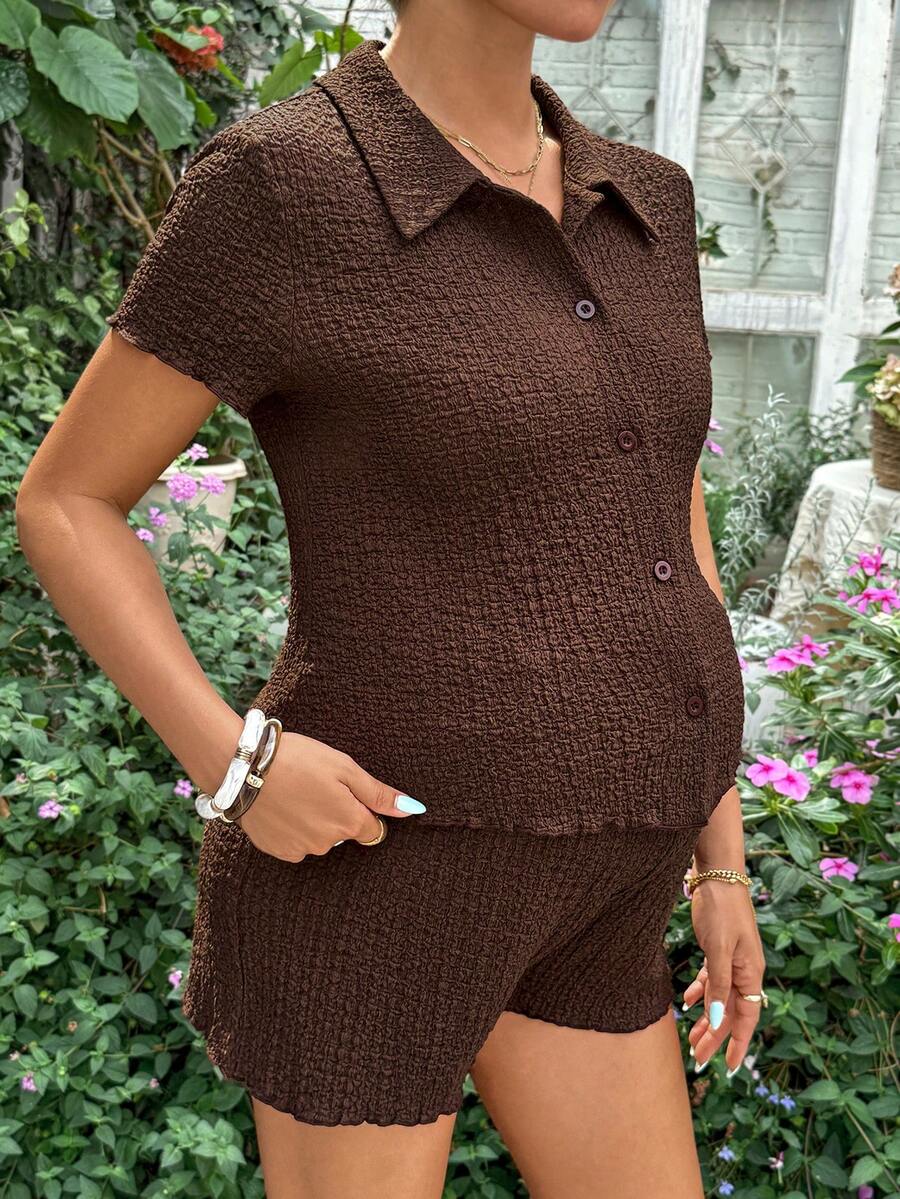 Brown 2-Piece Maternity Nursing Set - Short Sleeve Button-Up Shirt and Adjustable Waist Shorts - Slim Fit Casual Vacation Loungewear