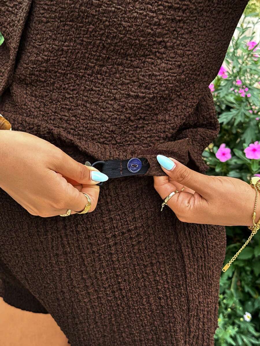Brown 2-Piece Maternity Nursing Set - Short Sleeve Button-Up Shirt and Adjustable Waist Shorts - Slim Fit Casual Vacation Loungewear