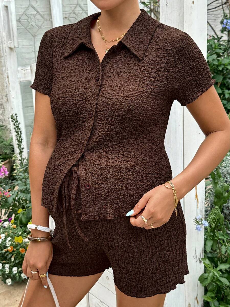 Brown 2-Piece Maternity Nursing Set - Short Sleeve Button-Up Shirt and Adjustable Waist Shorts - Slim Fit Casual Vacation Loungewear
