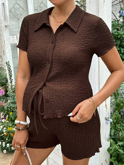 Brown 2-Piece Maternity Nursing Set - Short Sleeve Button-Up Shirt and Adjustable Waist Shorts - Slim Fit Casual Vacation Loungewear