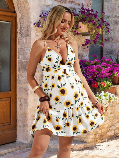 Maternity Sunflower Cami Dress - Spaghetti Strap, Backless, Flounce Hem, Knee Length, Multicolor