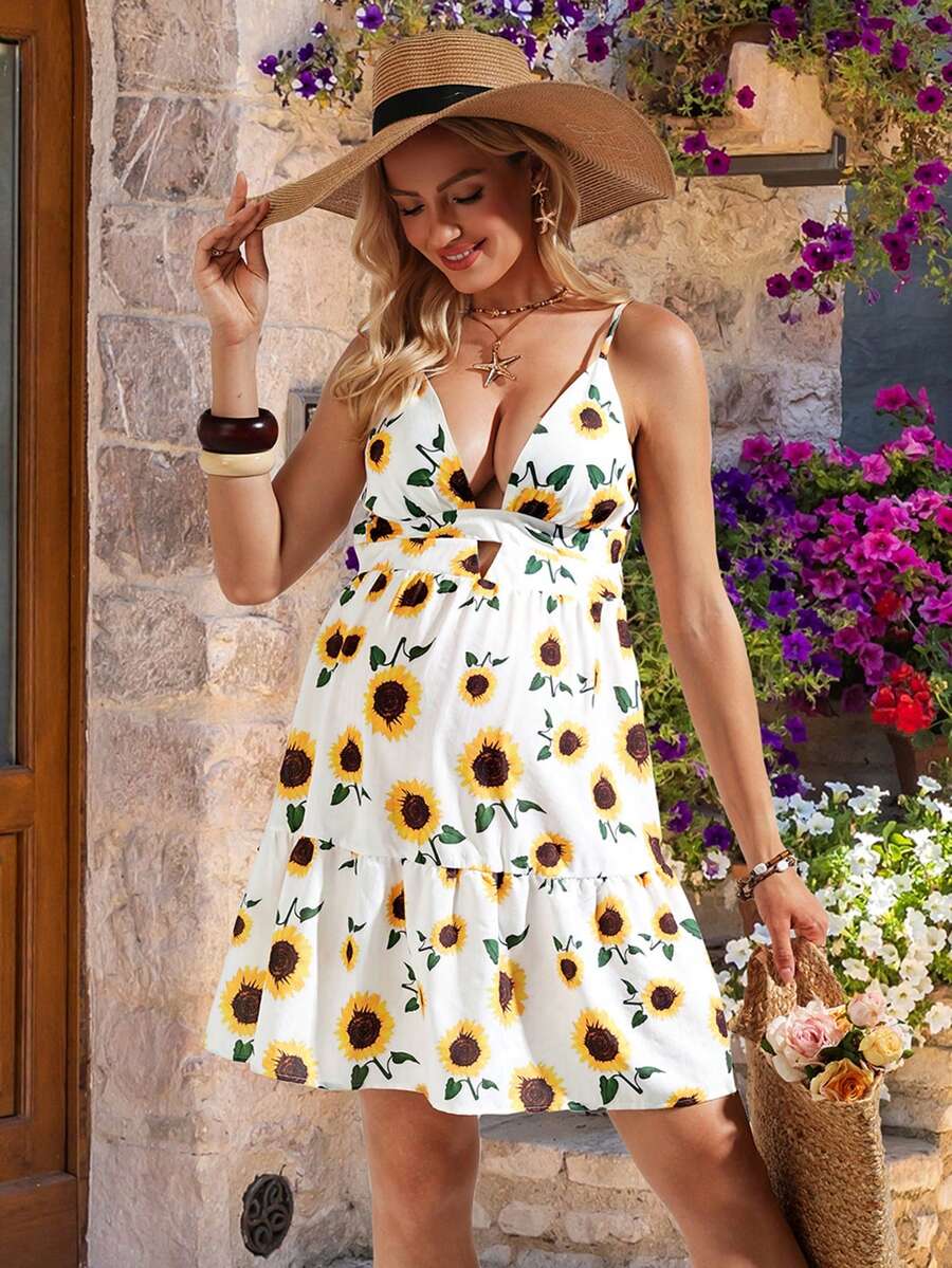 Maternity Sunflower Cami Dress - Spaghetti Strap, Backless, Flounce Hem, Knee Length, Multicolor