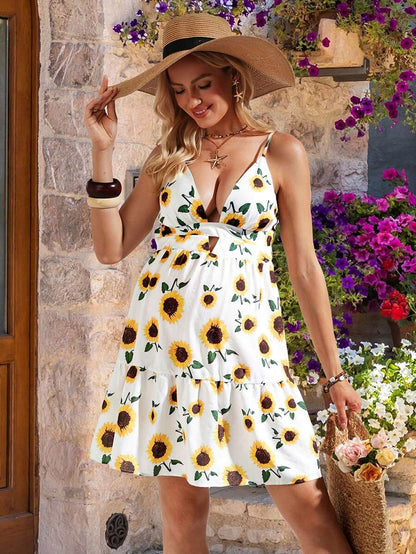 Maternity Sunflower Cami Dress - Spaghetti Strap, Backless, Flounce Hem, Knee Length, Multicolor