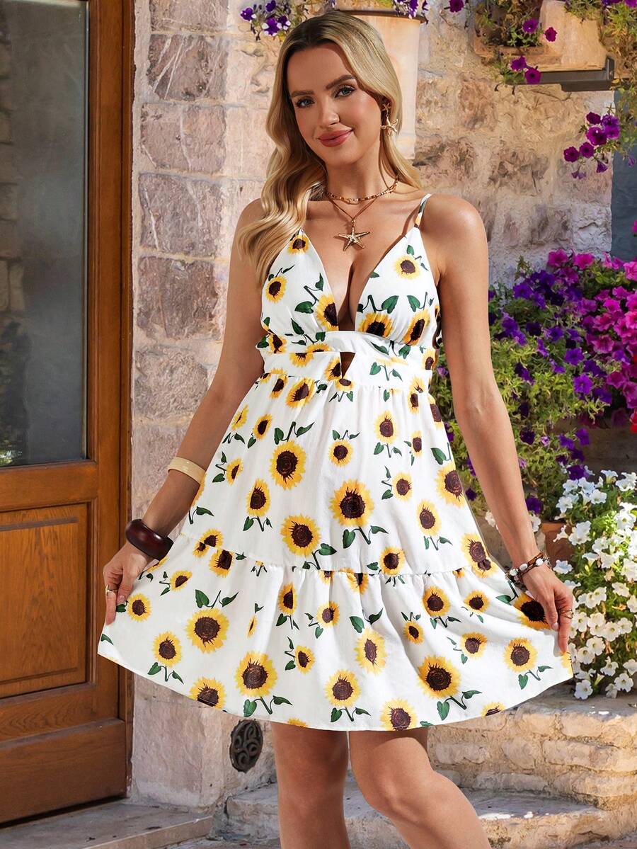 Maternity Sunflower Cami Dress - Spaghetti Strap, Backless, Flounce Hem, Knee Length, Multicolor
