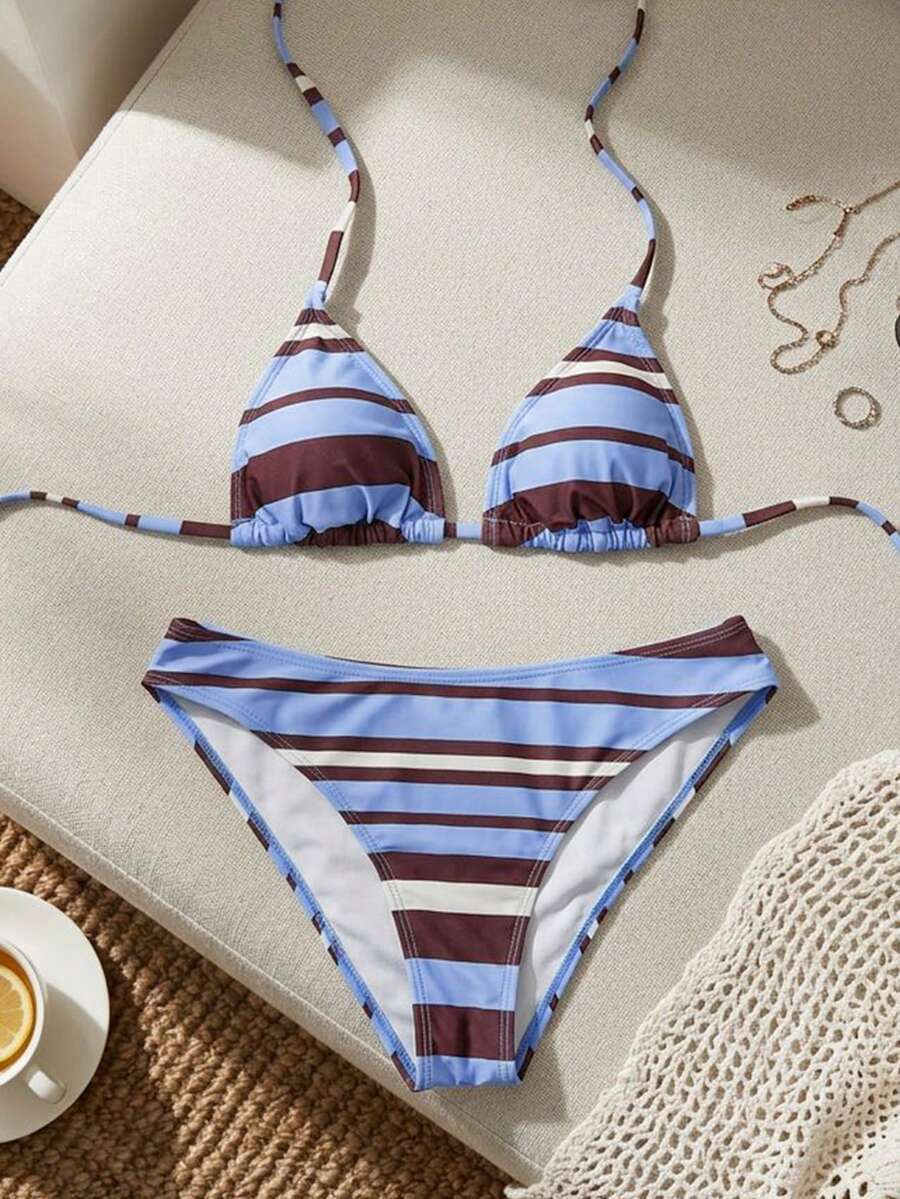 Women's Halter Neck Tie Bikini Set - Lace Up, High Waist, Solid Black