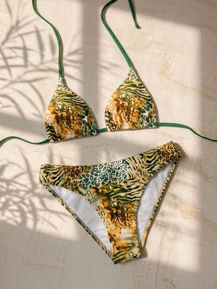Swim Vcay Women's Summer New Contrast Color Striped Sexy Halter Triangle Cup Bikini Set