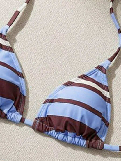 Swim Vcay Women's Summer New Contrast Color Striped Sexy Halter Triangle Cup Bikini Set