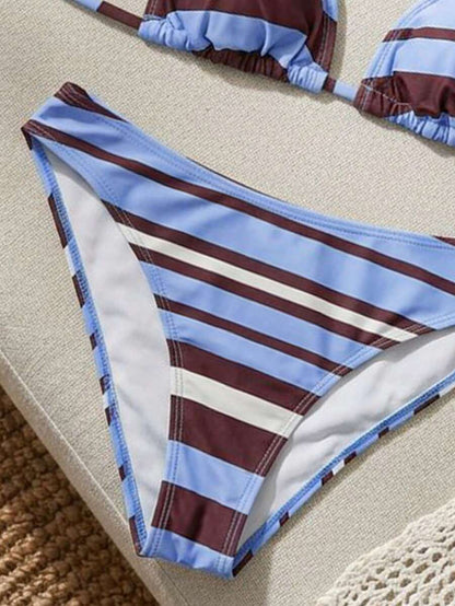 Swim Vcay Women's Summer New Contrast Color Striped Sexy Halter Triangle Cup Bikini Set