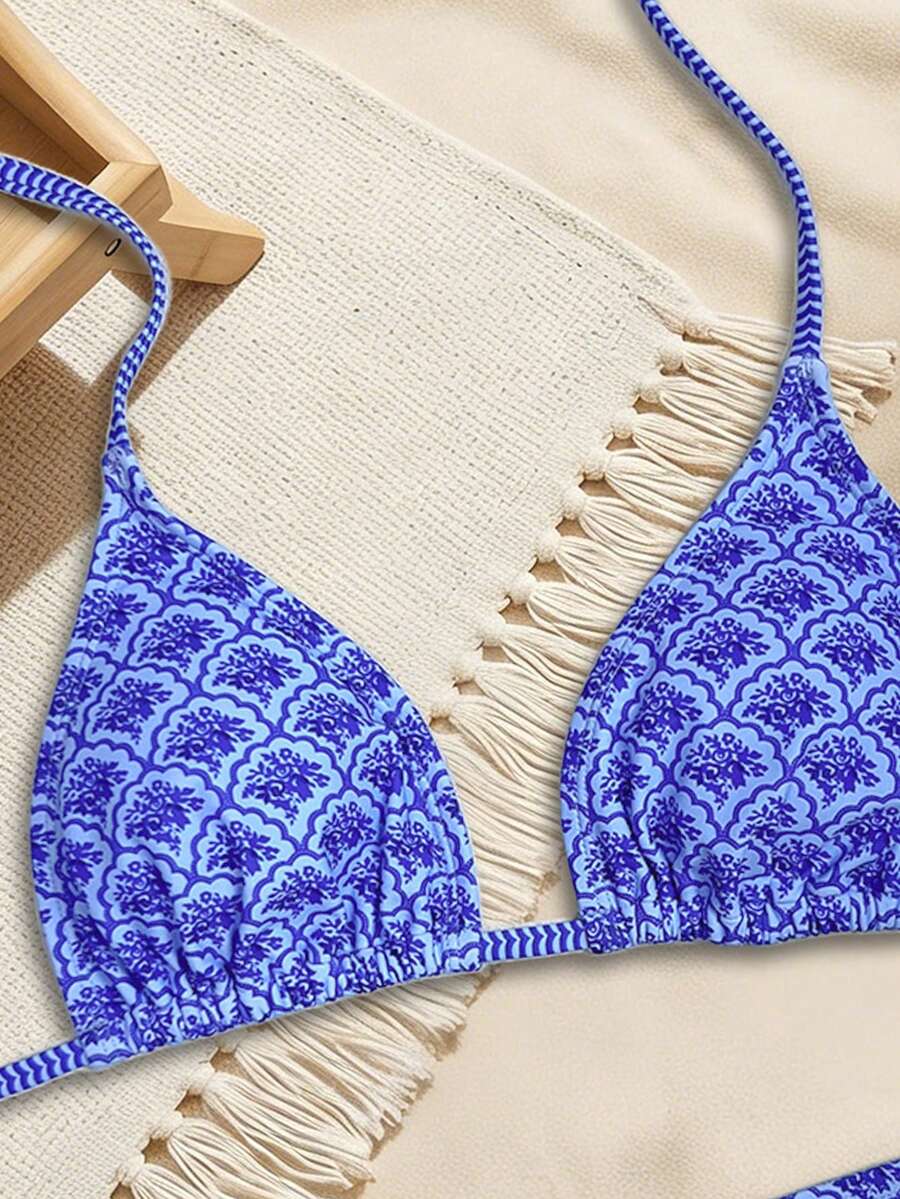 Swim Vcay Women's Summer New Contrast Color Striped Sexy Halter Triangle Cup Bikini Set
